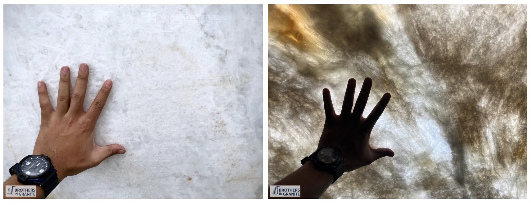 Cristallo Quartzite shown with and without backlighting to highlight depth and texture