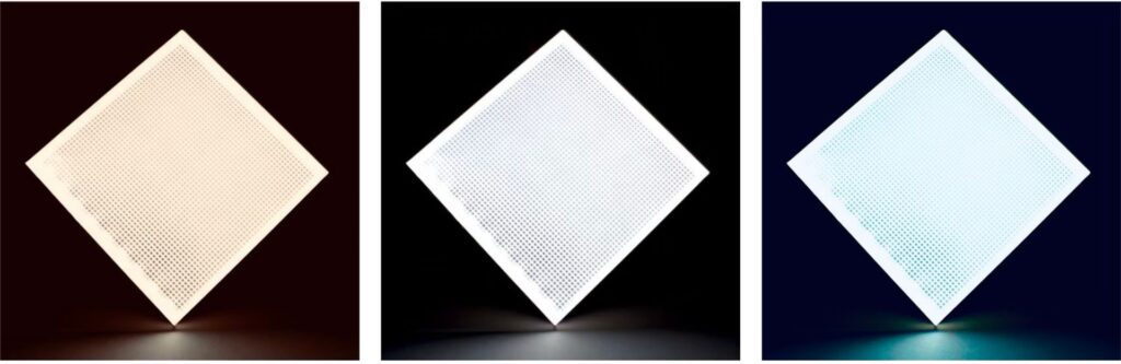 Comparison of 12x12 LED panels in warm white, neutral white, and cool white color temperatures